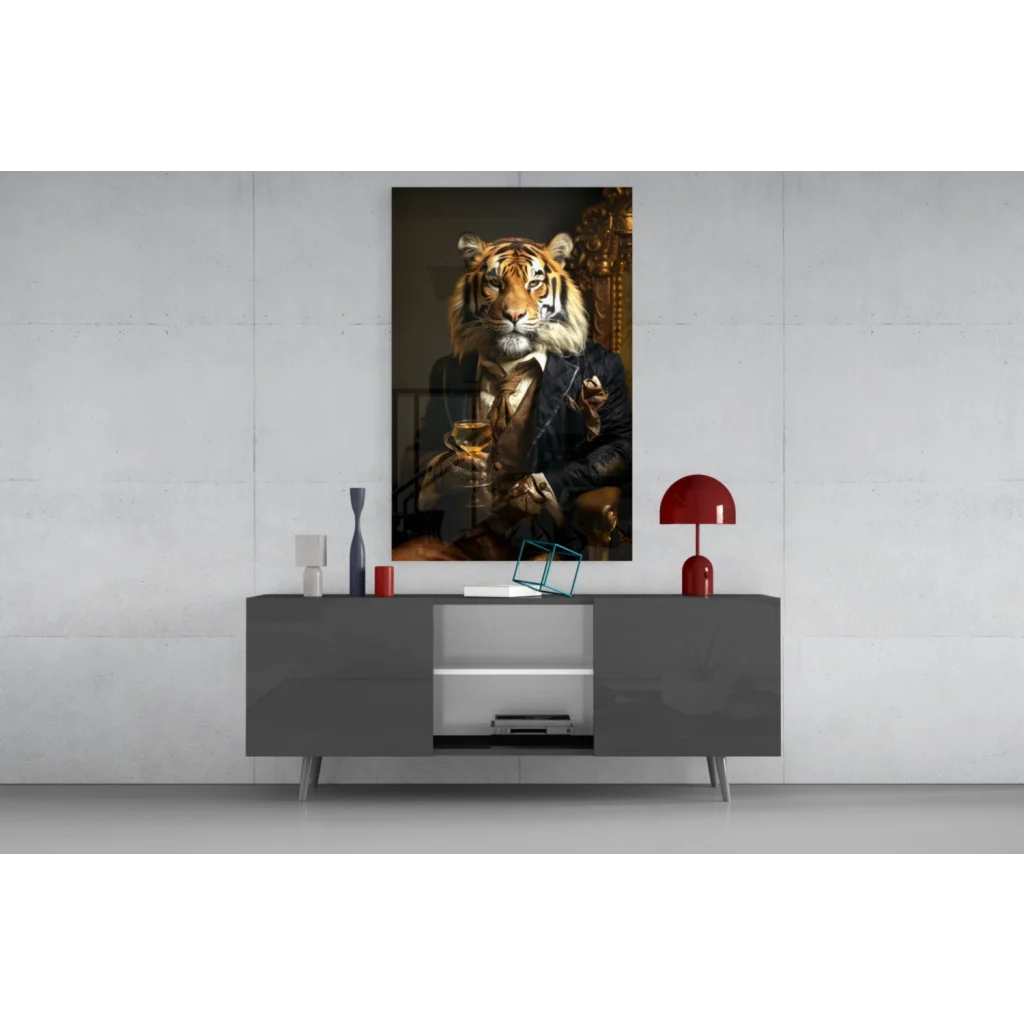 Dapper tiger in suit holding wine glass wall art