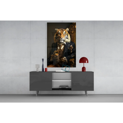Dapper tiger in suit holding wine glass wall art
