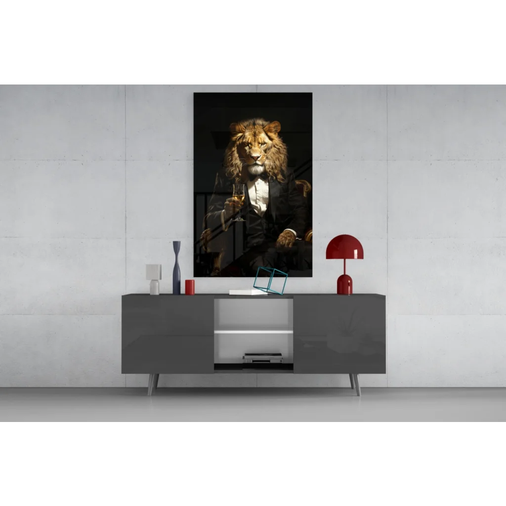 Striking black-and-gold lion in formal attire glass wall art print