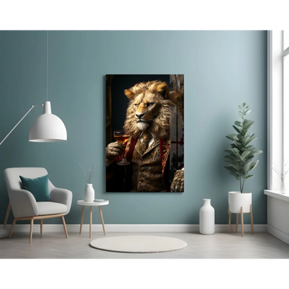 Regal Lion in Suit Canvas Wall Art with Wine Glass Portrait | Contemporary Home Wall Art | vintageantiquesgifts.com