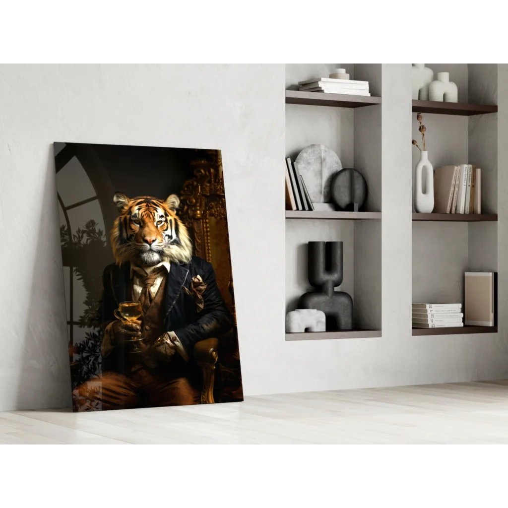 Dapper Tiger in suit canvas wall art holding wine glass
