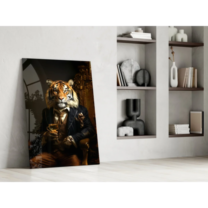 Dapper Tiger in suit canvas wall art holding wine glass