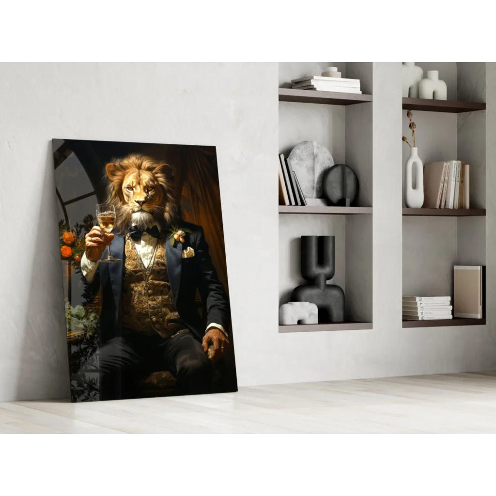 Dapper Lion in navy suit holding wine glass wall art canvas print