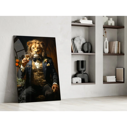 Dapper Lion in navy suit holding wine glass wall art canvas print