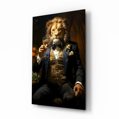 Dapper Lion in Suit Holding Glass Wall Art Canvas Print | Insigneart USA | vintageantiquesgifts.com