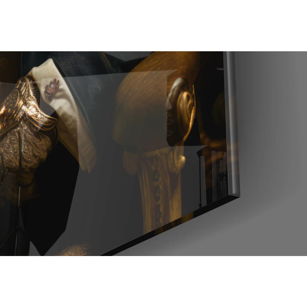 Dapper Tiger in suit canvas wall art with whiskey glass and ornate golden shoulder