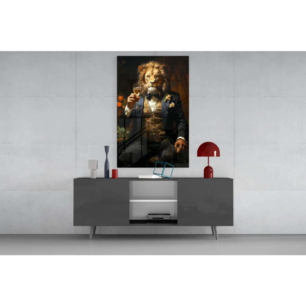 Dapper lion in tuxedo holding wine glass wall art canvas print