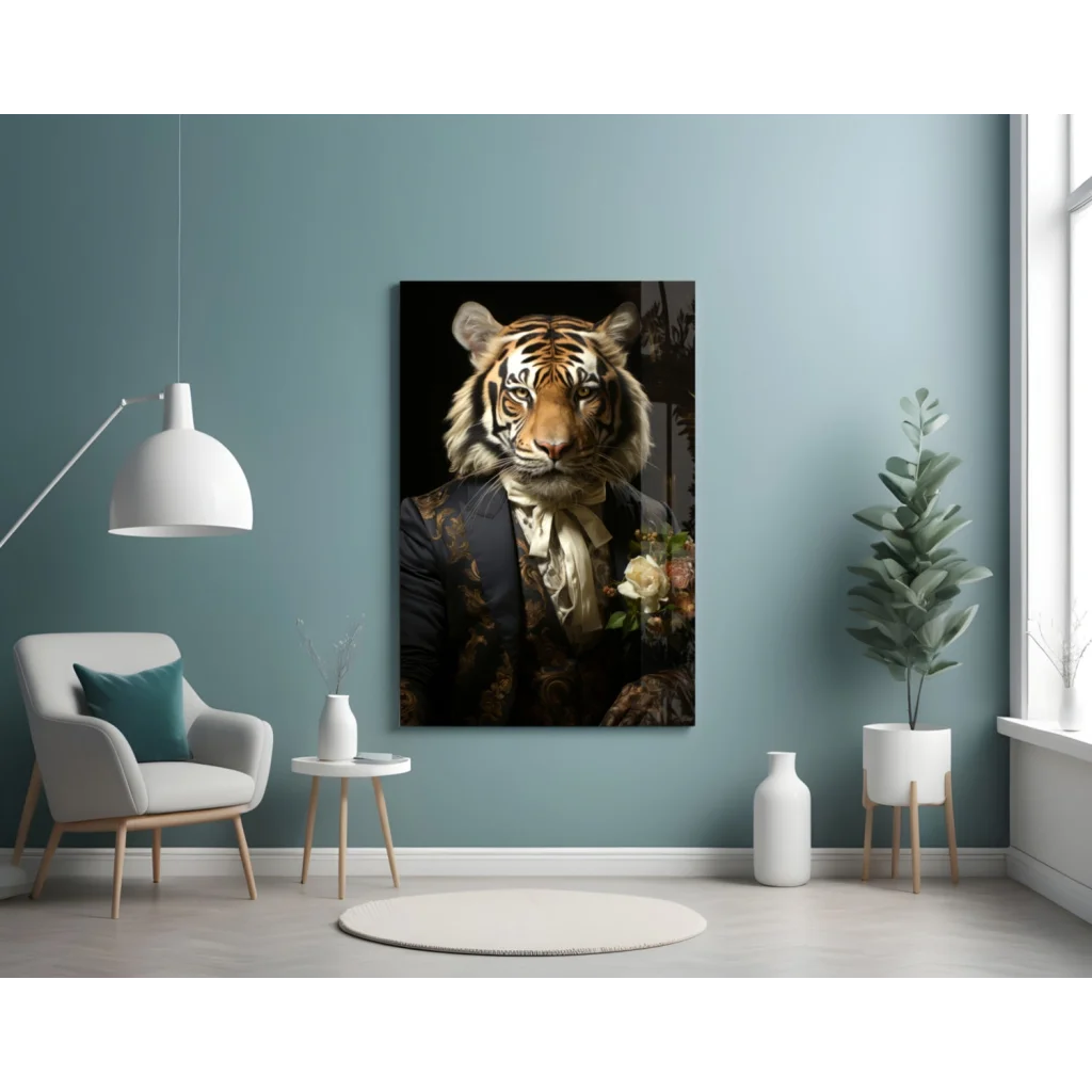 Dapper Tiger in Suit Canvas Wall Art with Roses | Contemporary Home Wall Art | vintageantiquesgifts.com