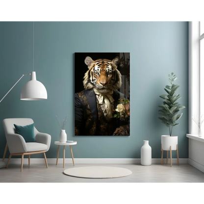 Dapper Tiger in Suit Canvas Wall Art with Roses | Contemporary Home Wall Art | vintageantiquesgifts.com