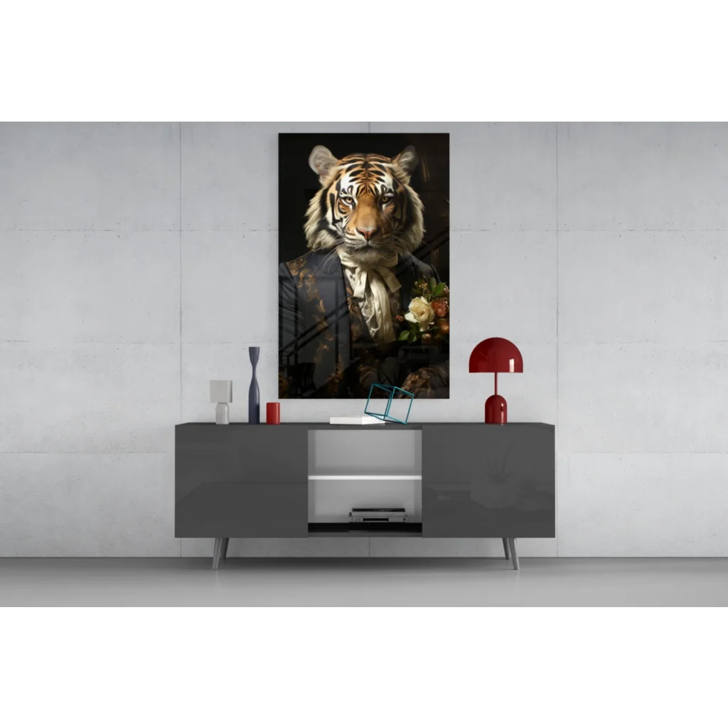 Dapper Tiger in Suit canvas wall art portrait with roses