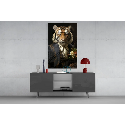 Dapper Tiger in Suit canvas wall art portrait with roses