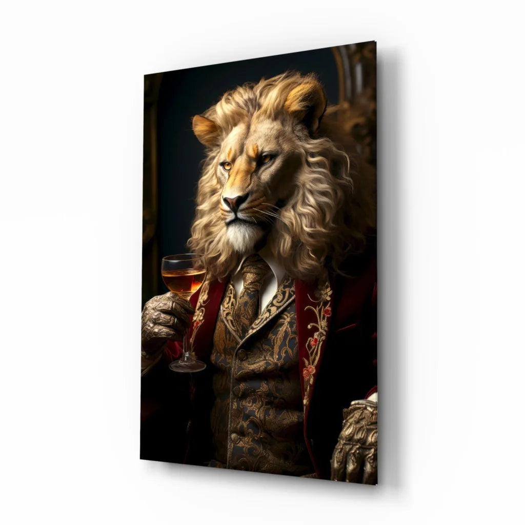 Regal Lion in Suit Canvas Wall Art with Wine Glass Portrait | Insigneart USA | vintageantiquesgifts.com