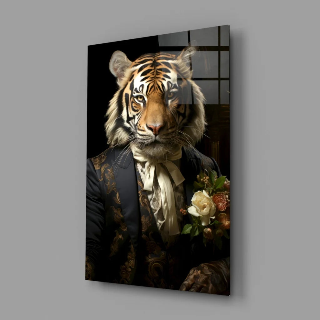 Dapper Tiger in Suit Canvas Wall Art with Roses | Glass Wall Art Print | vintageantiquesgifts.com