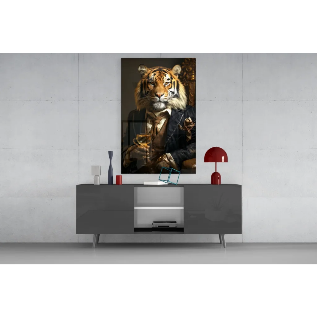 Dapper Tiger in Suit Holding Goblet canvas wall art portrait