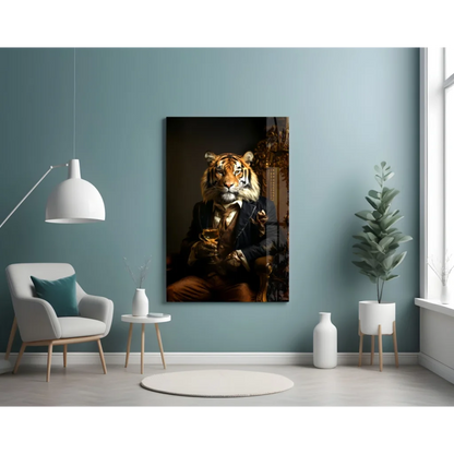 Dapper Tiger in Suit Canvas Wall Art with Wine Glass | Contemporary Home Wall Art | vintageantiquesgifts.com