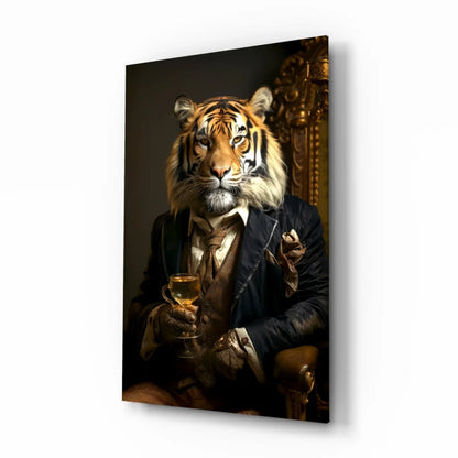 Dapper tiger in suit canvas wall art holding whiskey glass