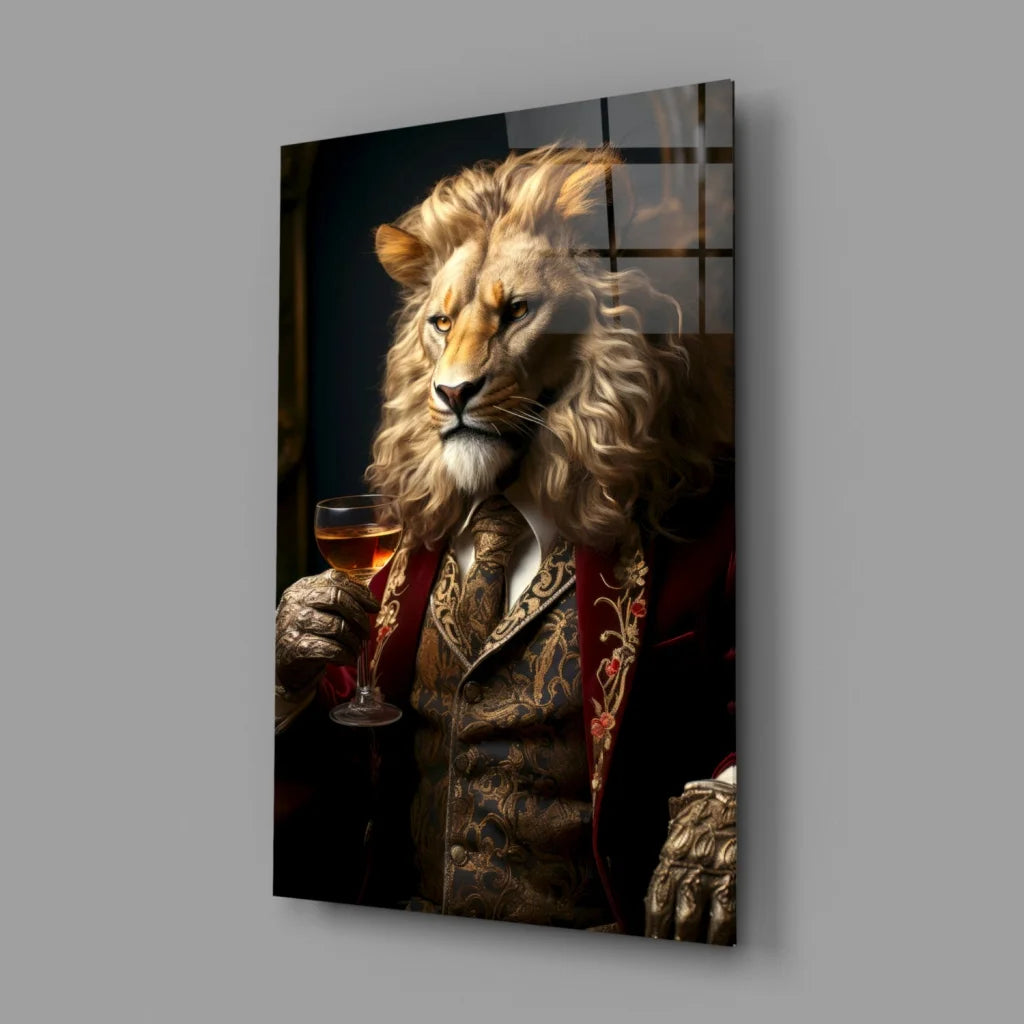 Regal Lion in Suit Canvas Wall Art with Wine Glass Portrait | Glass Wall Art Print | vintageantiquesgifts.com