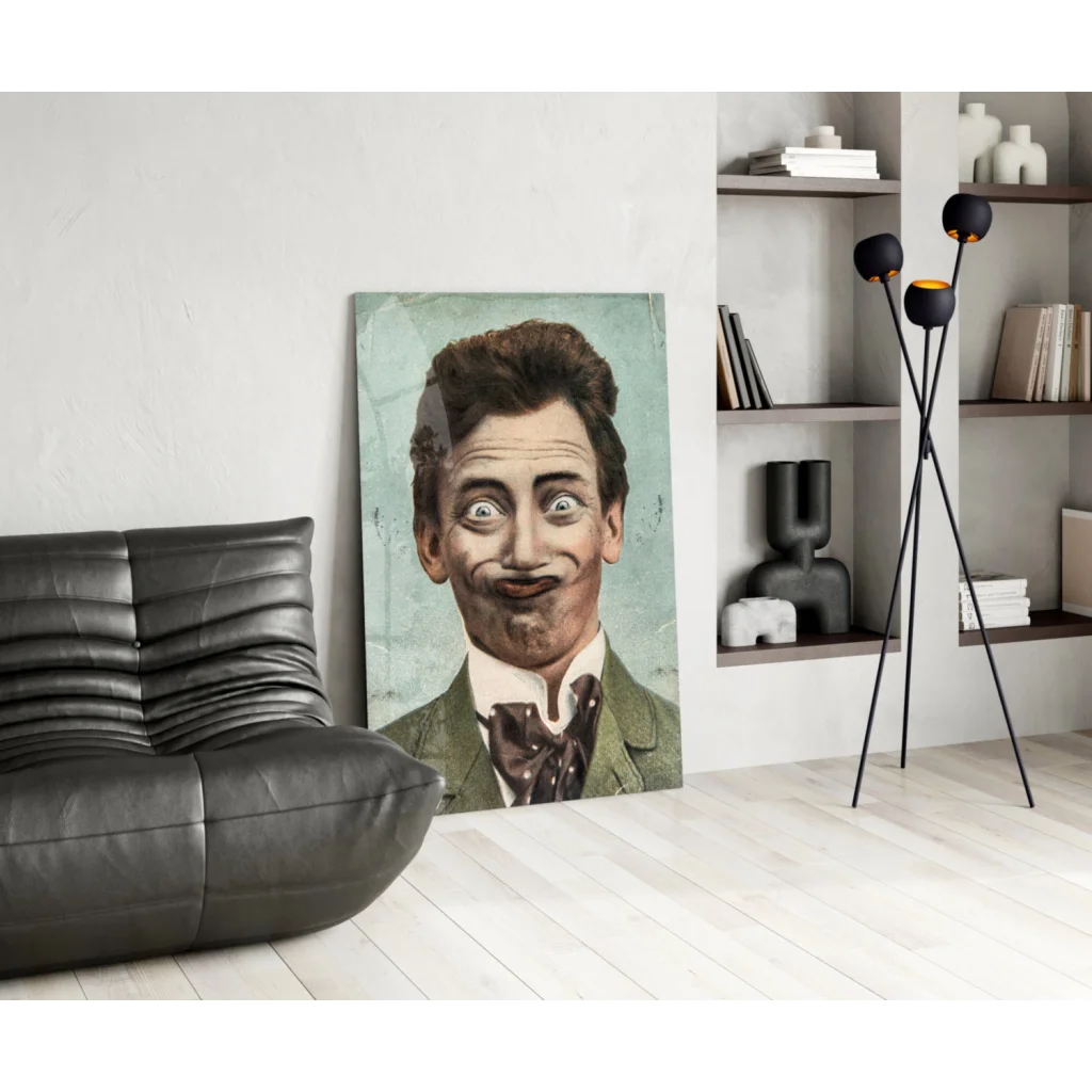 Quirky vintage gentleman caricature in green suit on teal canvas wall art