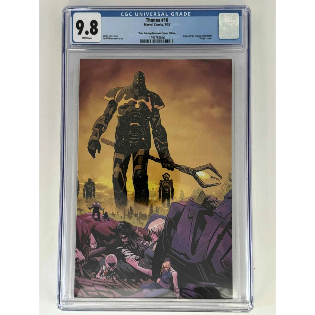 Black armored Thor with orange accents on Geoff Shaw exclusive virgin blue label CGC 9.8 Thanos 14 cover