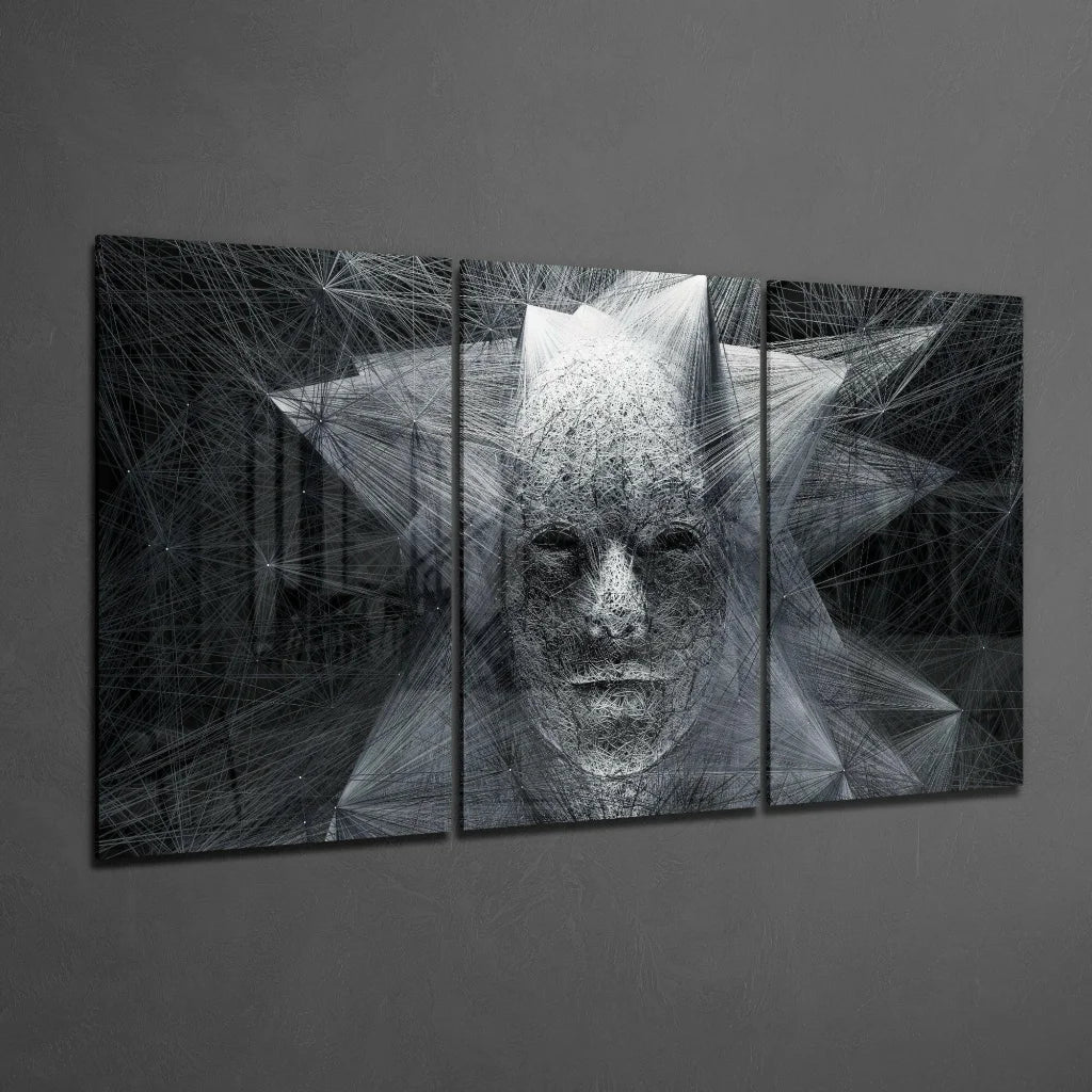 Black and white geometric face triptych wall art