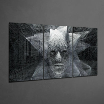 Black and white geometric face triptych wall art