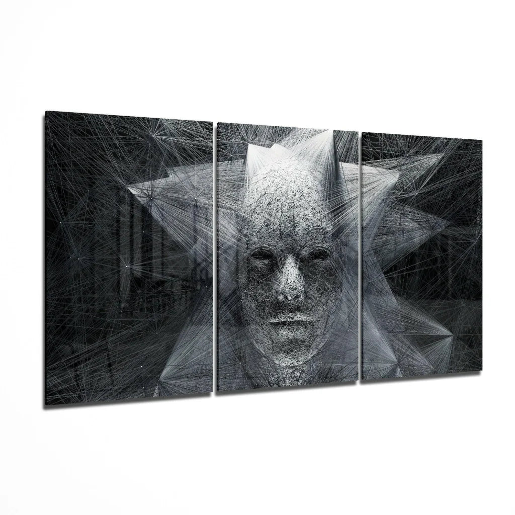 Black and white geometric face triptych wall art