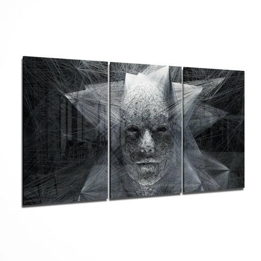 Black and white geometric face triptych wall art