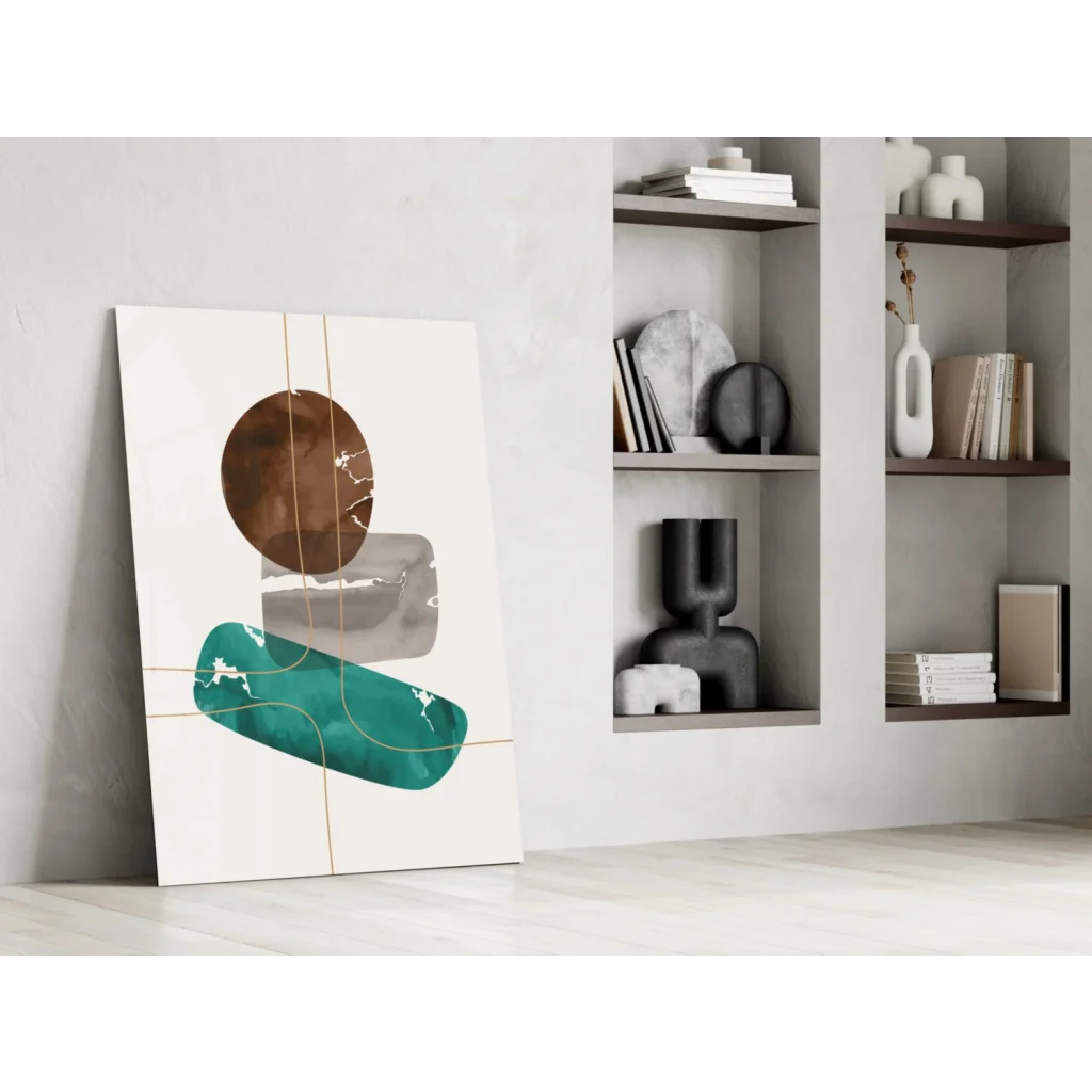 Modern teal and brown geometric glass wall art with gold accents