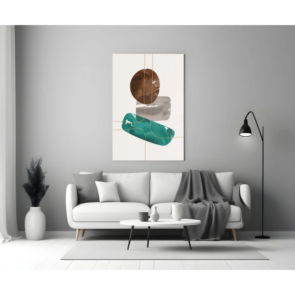 Abstract brown circle and teal gray geometric glass wall art with gold accents