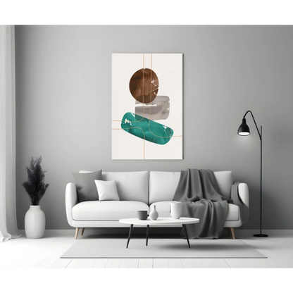 Abstract brown circle and teal gray geometric glass wall art with gold accents