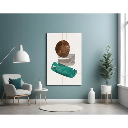 Abstract bronze teal gray geometric glass wall art with gold accents