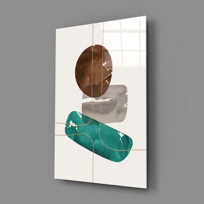 Modern geometric glass wall art with gold accents and teal tones