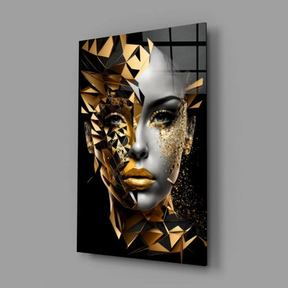 Striking geometric gold portrait glass wall art of woman’s face