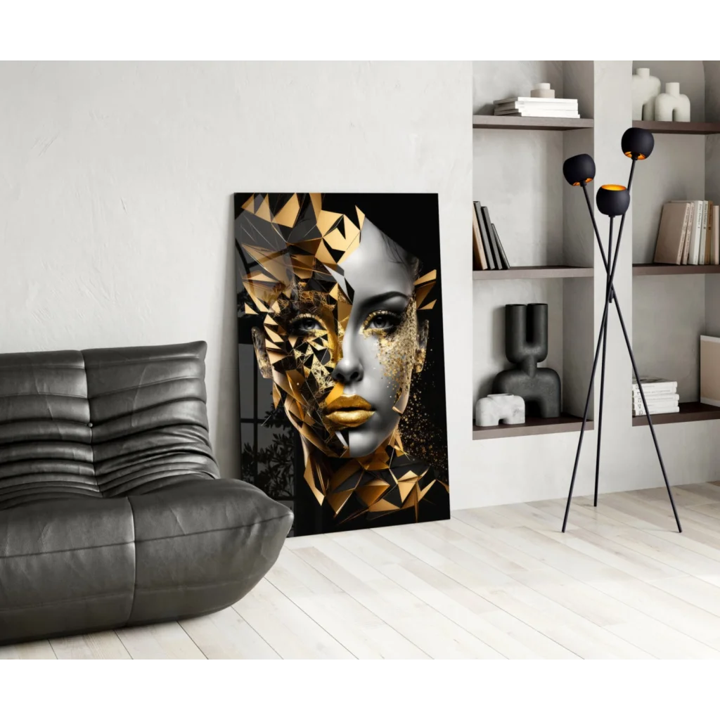 Striking gold and black geometric face on glass wall art canvas