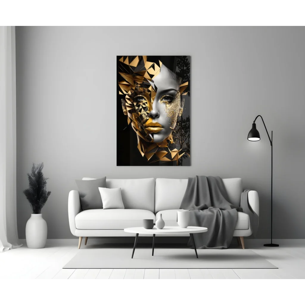 Striking black-and-gold geometric gold portrait glass wall art canvas