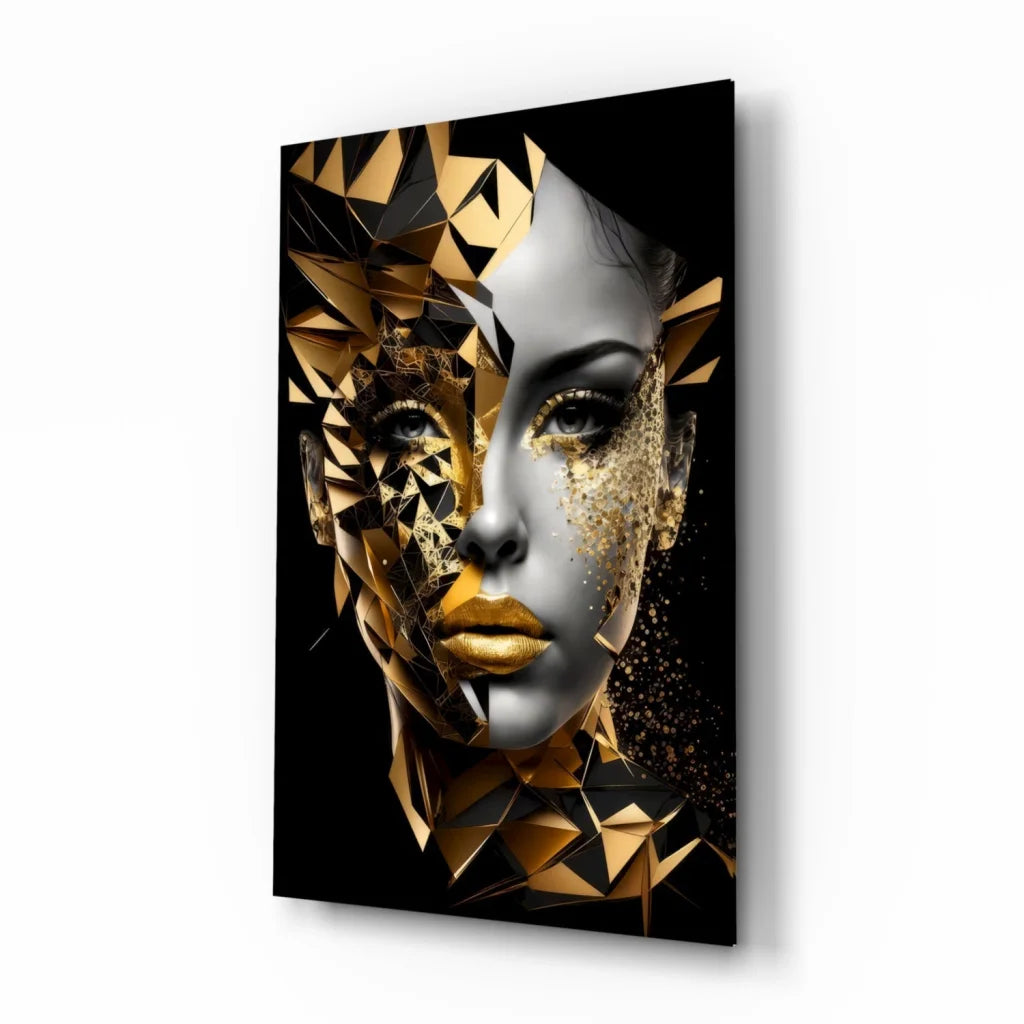 Striking black-and-gold geometric gold portrait glass wall art canvas