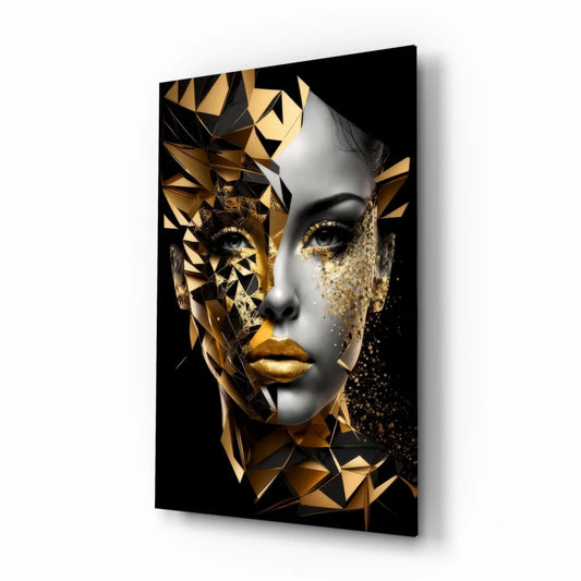 Striking black-and-gold geometric gold portrait glass wall art canvas