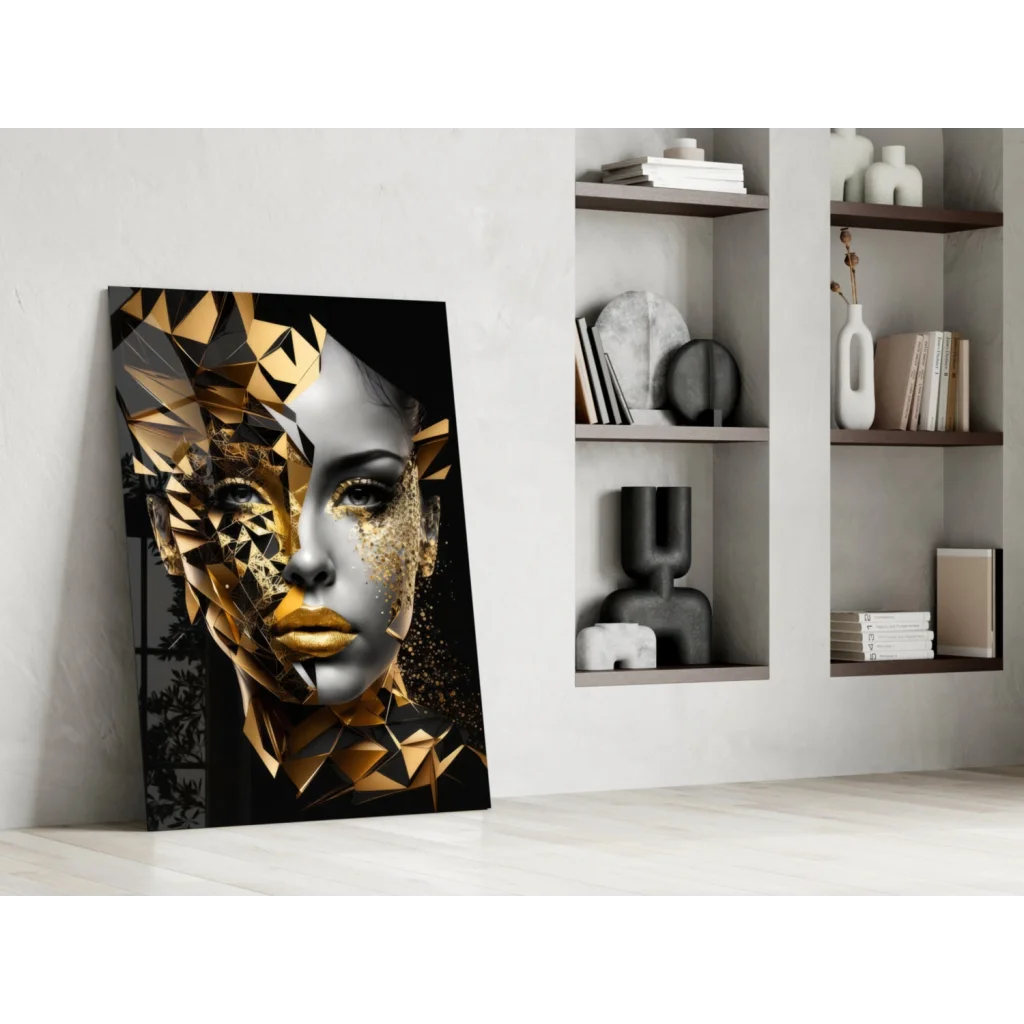 Striking gold and silver geometric face portrait glass wall art canvas against white wall
