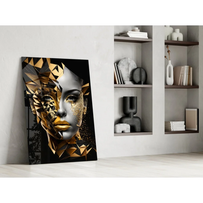Striking gold and silver geometric face portrait glass wall art canvas against white wall