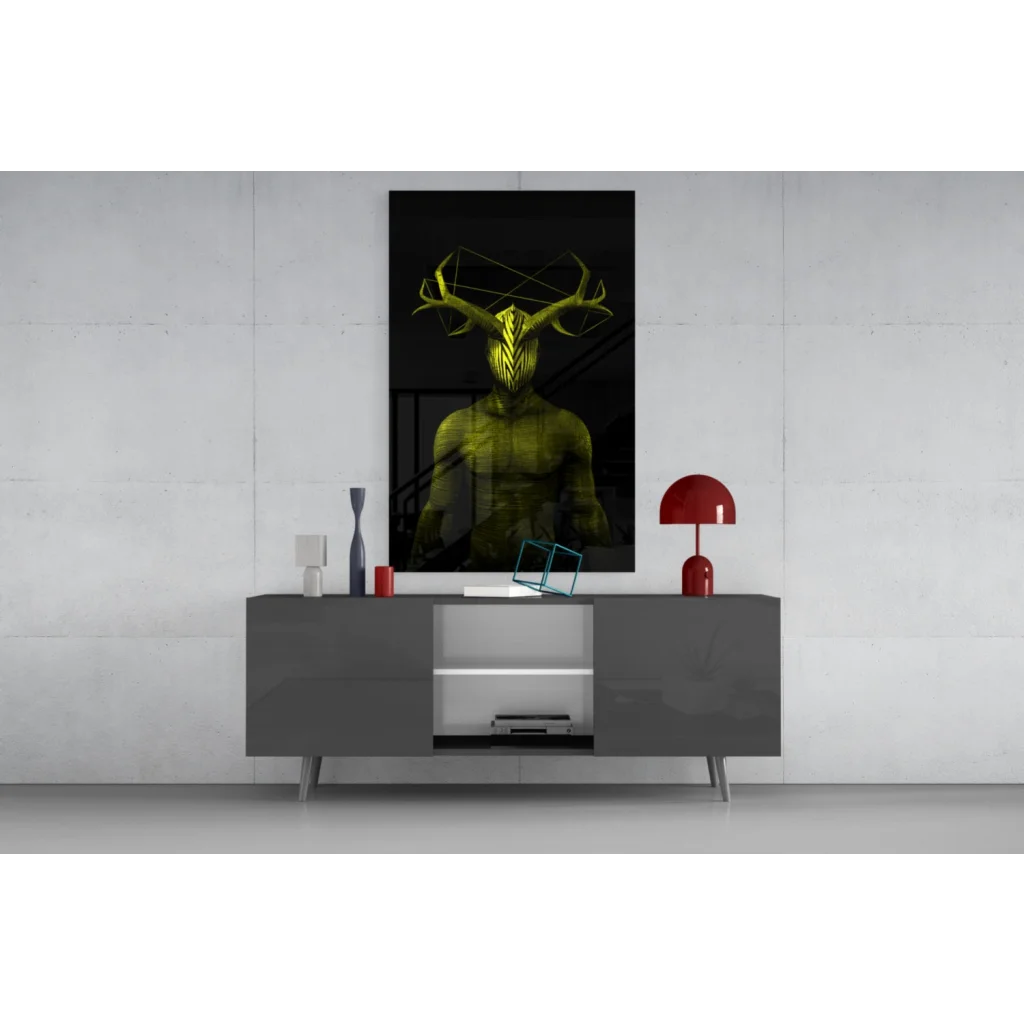 Geometric green deer glass wall art with stunning antlers