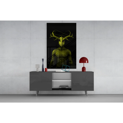 Geometric green deer glass wall art with stunning antlers