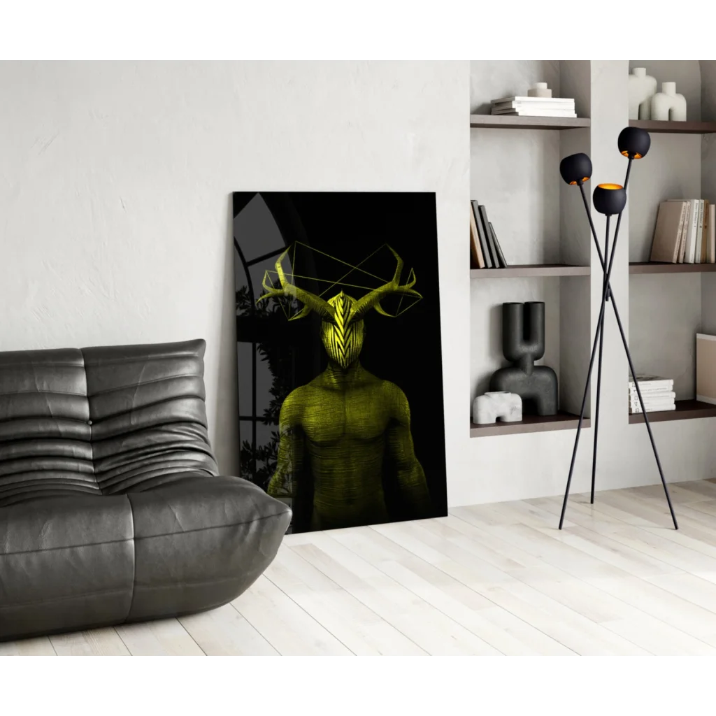 Geometric green deer glass wall art with stunning antlers poster