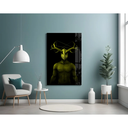 Green Hulk deer glass wall art with antlers and yellow eyes on canvas