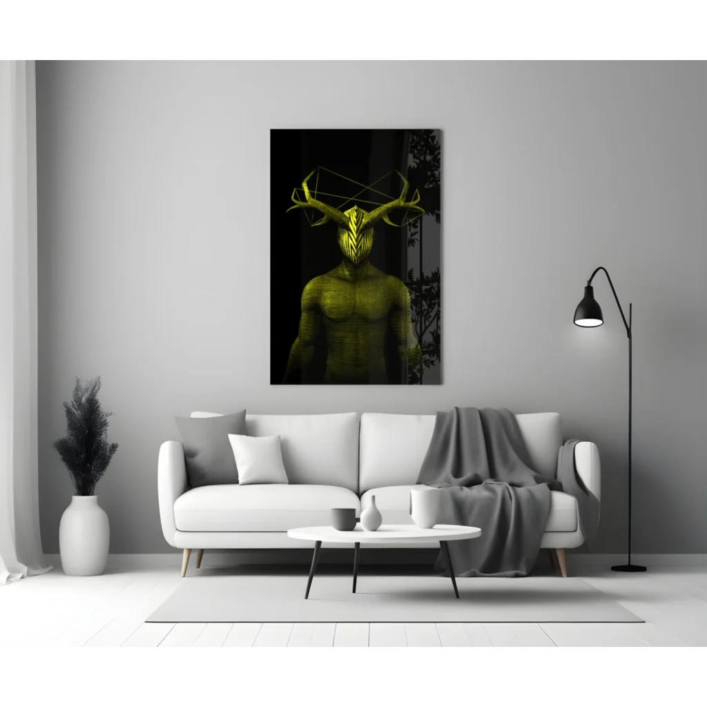 Geometric green deer glass wall art with stunning antlers