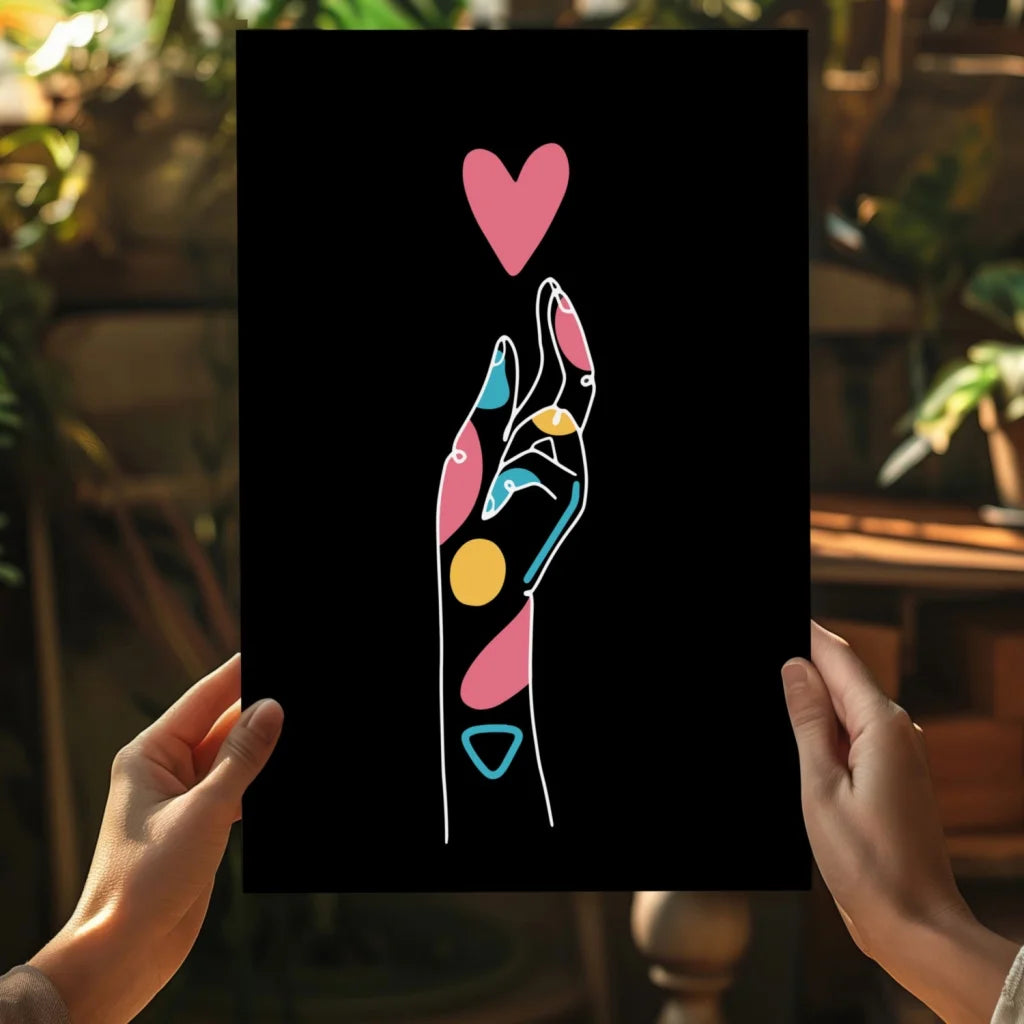 Vibrant geometric hand heart art print on black aluminum