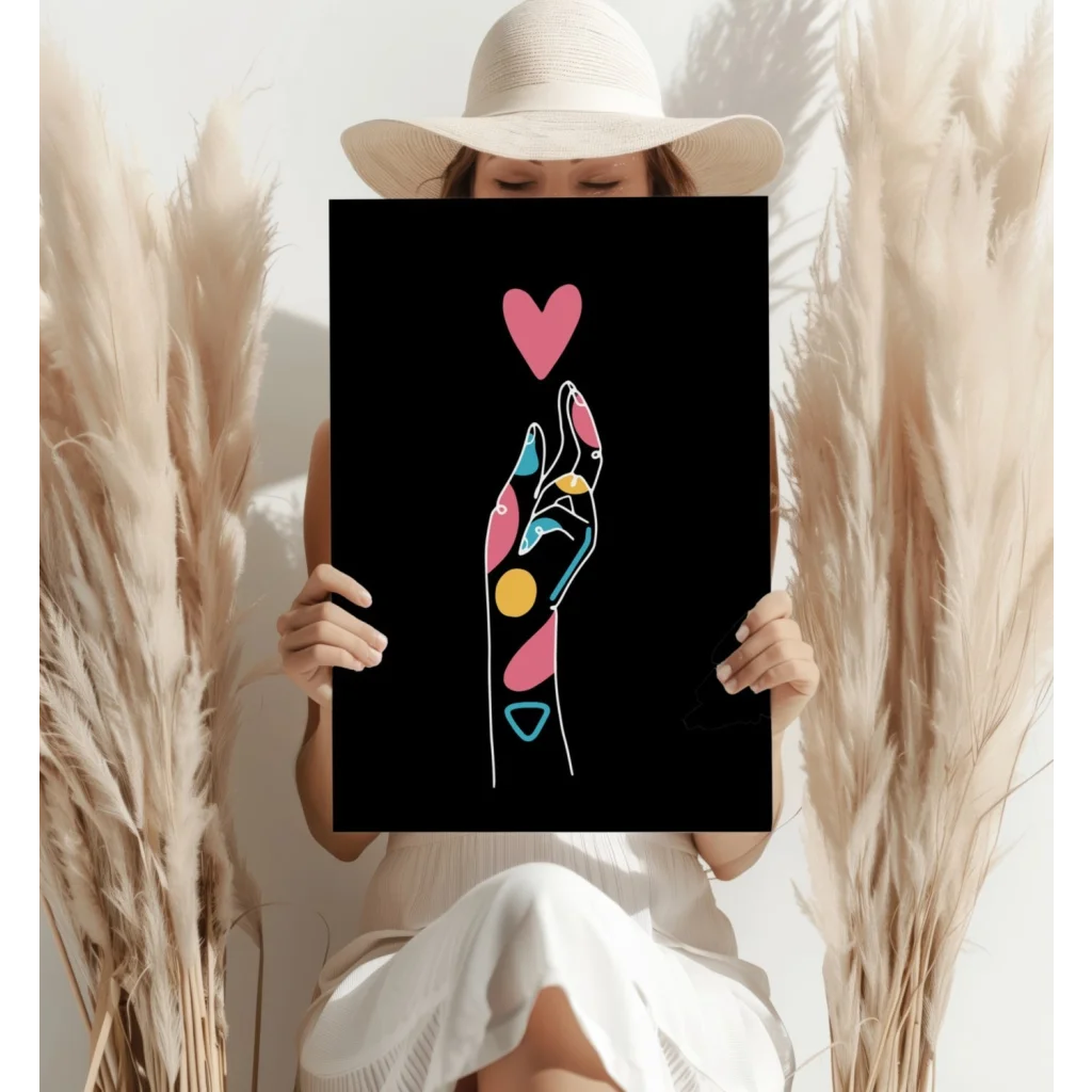 Vibrant geometric hand reaching for pink heart on black aluminum print