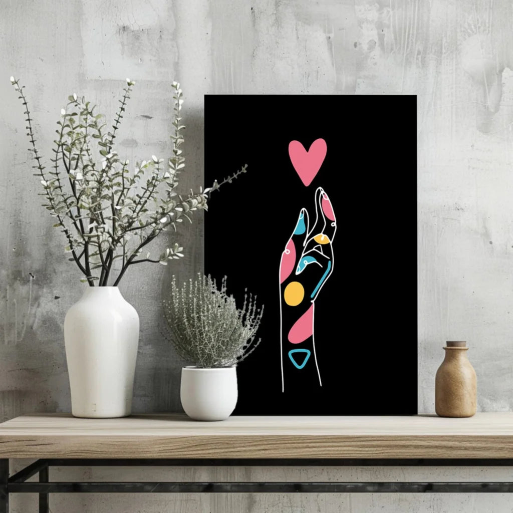 Vibrant geometric hand with pink heart on black aluminum print