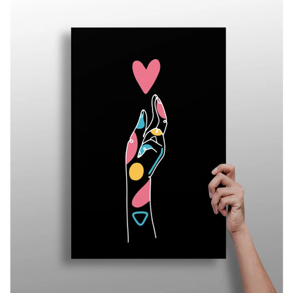 Vibrant abstract geometric hand with pink heart on black aluminum print