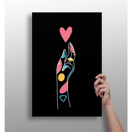 Vibrant abstract geometric hand with pink heart on black aluminum print