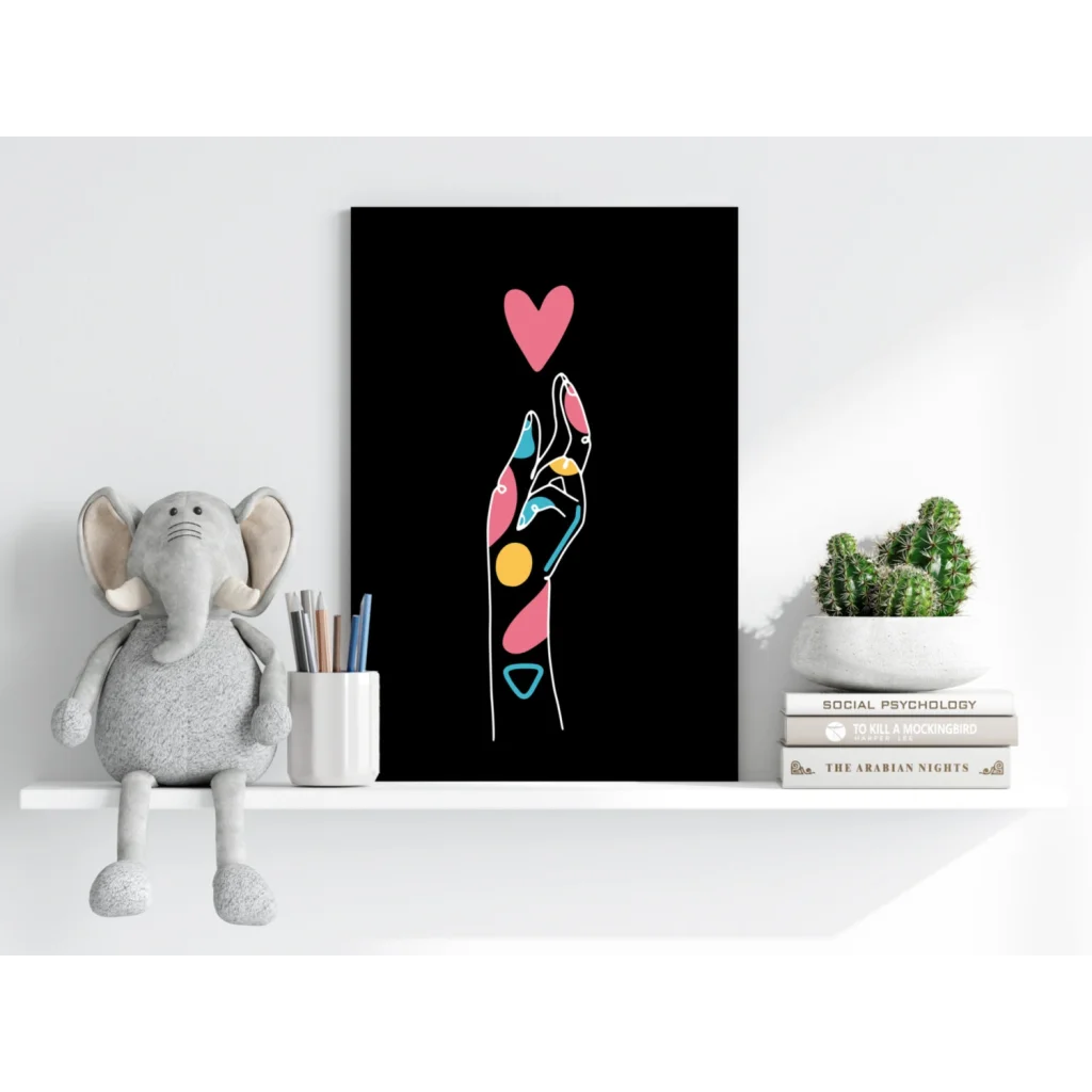 Vibrant abstract geometric hand with pink heart on black aluminum print